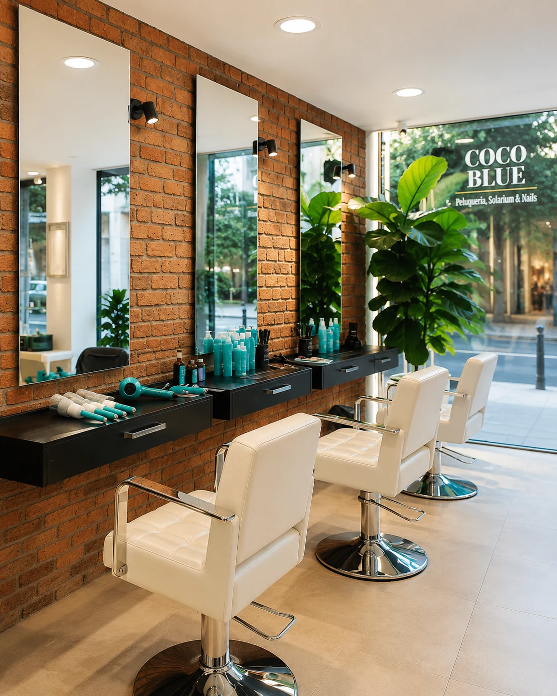 Salón de peluquería Cocoblue con sillas blancas y muro de ladrillo